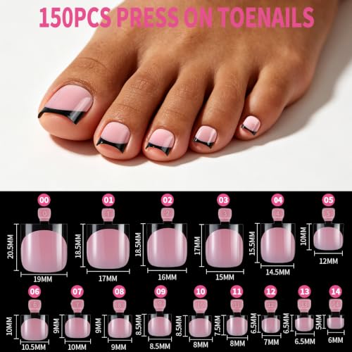 YGDZ 300PCS Black French Tip Press On Toenails & Short Press on Nails Kit - color: Black French