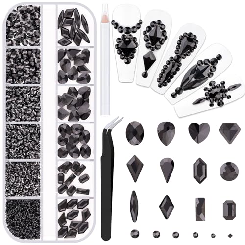 2060Pcs Black Glass Nail Rhinestones 60Pcs Multi Shapes Flatback Nail Gems + 2000Pcs 1.5-4mm Round Crystal, Manicure Nail Charms Diamond Gemstones for Acrylic Nails Decoration - color: 26 Black Crystal, size: 1 pack