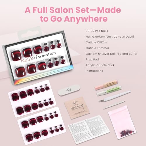 Nail Reformation Press On Toenails Burgundy Red Short Square Fake Toe Nails - color: Crimson Night