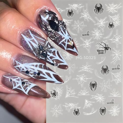 Halloween Spider for Nails Stickers Holiday Nail Decals 3D Self-Adhesive Black and White Spider Web Stickers Halloween Nail Art Sticker for Women Girls DIY Manicure Nails Accessories - style: Spider
