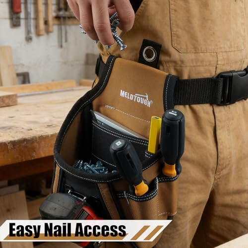 MELOTOUGH Nail and Screw Organizer Bag for Electricians and Carpenters, Tool Belt Pouch with Belt Clip, Heavy Duty Work Fastener Pouch - color: Brown