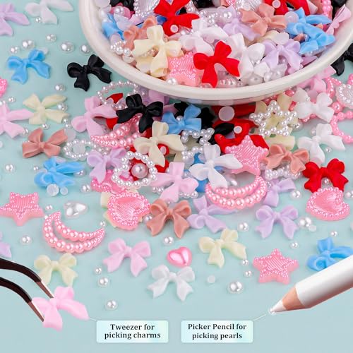 600 Pcs 3D Nail Bow Charms and Flatback Pearls Nail Charms Set 1 - color: Set 1 - 8 Colors A Style