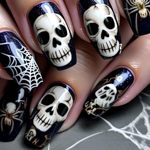 Halloween Press on Nails Skeleton Medium Coffin Fake Nails with Spider Web & Spider Designs Horror Skull False Nail Black Glossy Acrylic Nail Full Cover Stick on Nails for Women Manicure 24 Pcs - color: Halloween Style 018
