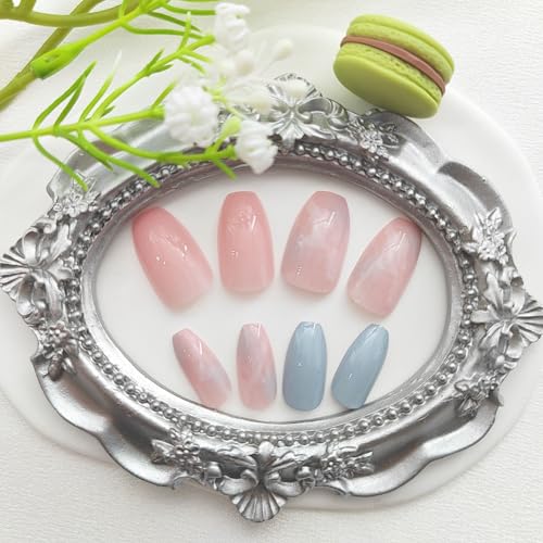 Coffin Press on Nails Short Fake Nails with Marble Designs Acrylic Nails Press ons Glossy Glue on Nails Light Blue Full Cover Artificial Stick on Nails for Women 24Pcs - color: Marble Designs