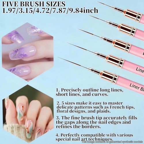5Pcs Nail Art Liner Brushes Liner Brush for Nails Gel Striping Nail Brushes - color: Pink-B