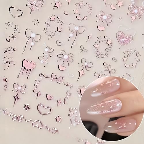 2 Sheets Valentine's Nail Art Stickers 5D Embossed Pink Bow Nail Stickers for Nail Art Romantic Heart Bow Nail Decals Pink Valentine's Designs Nail Supplies Nail Decoration for Women DIY Manicure - style: pink bow