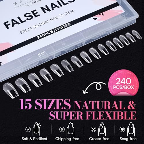 Makartt Coffin Nail Tips: Medium, 240PCS, 15 Sizes, Half Matte, Clear Acrylic, Full Cover Ballerina Press on Nails Extensions Supplies Salon and DIY Extension for Long-Lasting Manicure - size: Medium-Long