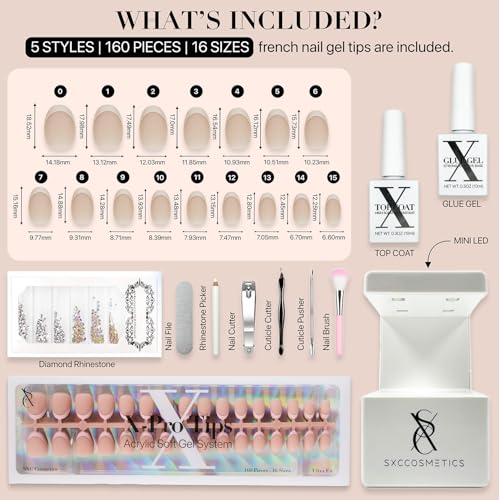 SXC Cosmetics French Tip Press On Nails - Skin Tone Nude and Color Series, XS Almond X-Pro Tips Starter Kit ST118KIT - color: Skin Tone - XS Almond