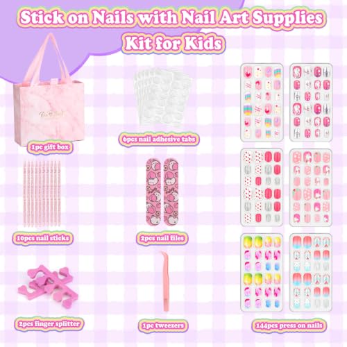 144 Pcs Press on Nails for Kids, Girls Fake Stick ons Acrylic Nails Gift Set