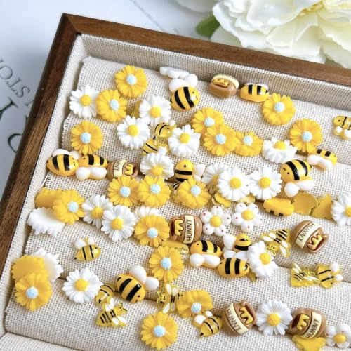 150Pcs Cartoon Bee Nail Charms for Nail Art Cute Flower Nail Charms Five Petal Bee Honey Jar Resin Nail Art Charms Sunflower Bees-Themed Nail Accessories Daisy Nail Supplies for Women Acrylic Nails - color: yellow