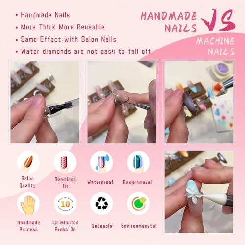 Handmade Press on Nails Long Square Nude Black White, 3D Star Flower False Nails with Gold Line, Luxury Reusable Nail Art Kit for Women Party Daily(M) - color: HLK, size: Medium