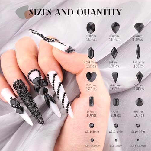 BELLEBOOST 2630Pcs Black Glass Nail Rhinestones: 120Pcs Multi Shapes + 2510Pcs 1.5-4mm Round, Nail Art, Manicure, Craft Beads - color: 27 Black Crystal+ glue, size: 2 pack
