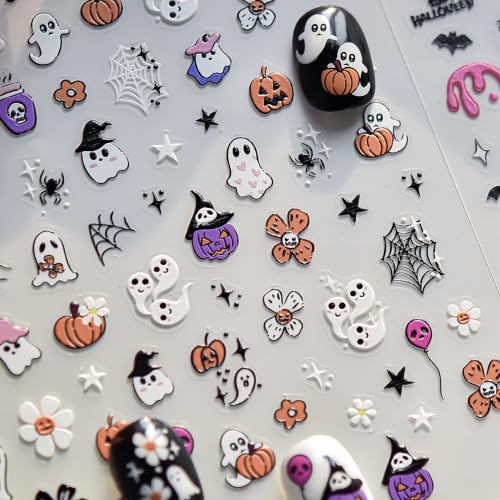 1 Sheet Cute Halloween Nail Art Stickers 5D Embossed Self-Adhesive Nail Decals Flower Ghost Pumpkin Star Spider Web Flower Nail Designs Holiday Nail Decorations for Women Acrylic Manicure Tips - color: Cute Ghost