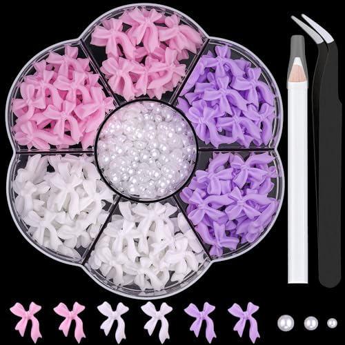 Cute Bow Charms and Flatback Pearls Set - 10, 120 Pcs Pink, White, Lilac Bow Charms + 2-4mm White Nail Pearls with Pickup Tweezer and Pencil for Nail Art Decoration - color: Style C - Pink White Lilac