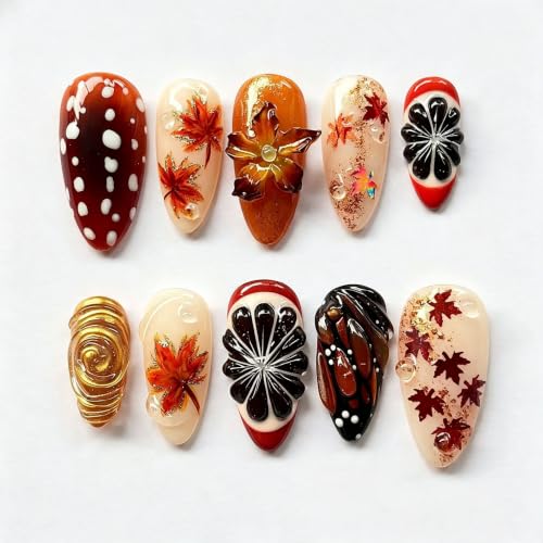 30Pcs Fall Press on Nails Medium Almond Maple Leaf 3D Flower Fake Nails - color: Fall06