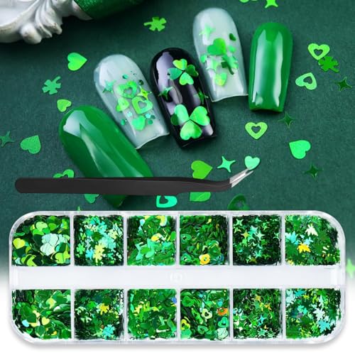 1 Box Holographic St. Patrick's Day Nail Glitter Shamrock Clover Nail Sequins 3D Green Nail Flakes Sparkly Powder Flakes Shiny Nail Glitter Hearts Star Nail Sequins Glitter for Nails Art 12 Grids - color: Color 49