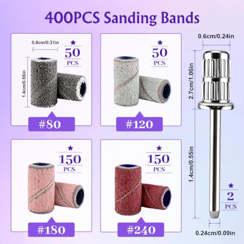 400Pcs Nail Drill Bits Sanding Bands with 2Pcs Mandrel Bit Set - size: 400P