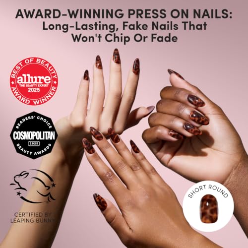 Glamnetic Press On Nails - Short Round, Glossy Fake Nails 30 Pc Full Kit - color: 1B - Hidden Fortune