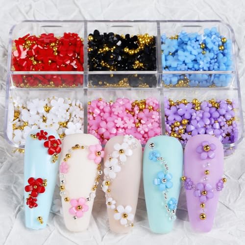 1 Box 6 Color Holographic Flower Nail Glitter Colorful Petal Nail Sequins 3D Red Purple Nail Flakes Sparkly Powder Flakes Shiny Nail Glitter Gold Beads Nail Sequins Glitter for Nails Art 6 Grids - color: Color 20