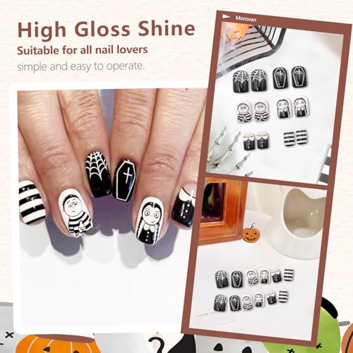 Halloween Horror Press on Nails - Glossy Black White Stripe Spider Web Art Designs - Square Short False Reusable Artificial Full Cover Glue on Nails for Women - 24 Pcs - color: Style 17