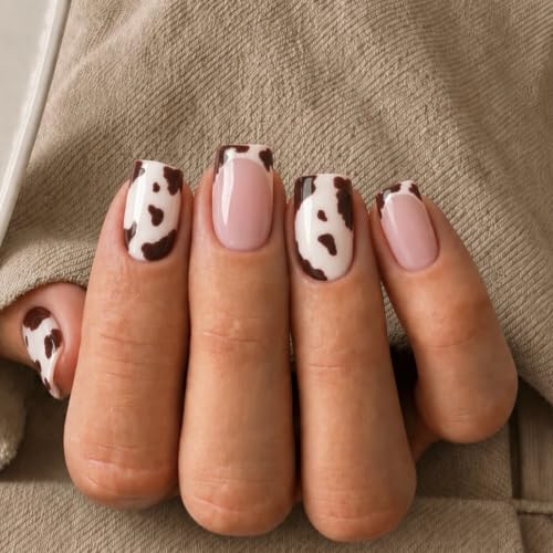 Cow Print Press on Nails Short Square Nail Press ons Fall Winter Fake Nails - color: Style32