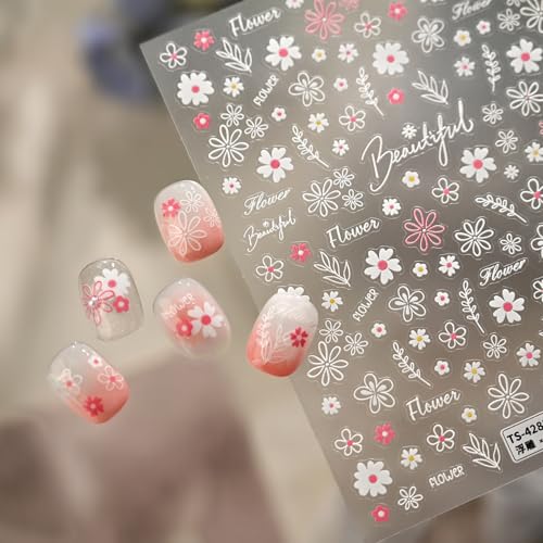 1 Sheet Flower Nail Art Stickers Floral Daisy Nail Decals Pink White Cute Daisy Small Flower Spring Summer Nail Design Daisy Floral Manicure Nail Supplies for Women DIY Nail Decorations Accessories - style: pink daisies