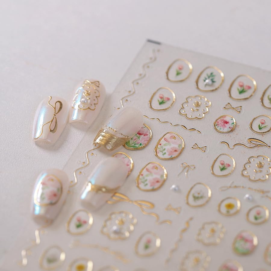 1 Sheet Flower Nail Stickers 5D Embossed Nail Art Stickers Decals Tulip Glue Irregular Geometric Frames Nail Decals Gold Hollow Designs Nail Supplies Pink Floral Manicure Decor Accessories for Women - style: tulips