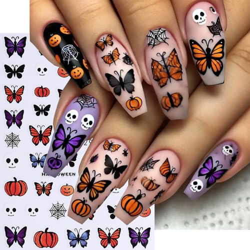 Halloween Nail Art Stickers Skull Head Pumpkin Nail Decals 6 Sheets Self-Adhesive Nail Design Stickers Spider Web Bat Butterfly Nail Stickers Halloween Nail Art Design Nail Supplies for Women - color: Halloween Style12