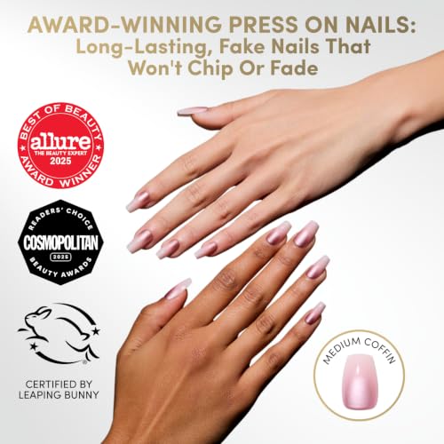 Glamnetic Press On Nails - Medium Coffin, Pearl Fake Nails 30 Pc Full Kit - color: Everyday Beauty Queen