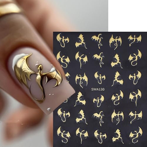 Halloween Nail Art Stickers Gothic Dragon Nail Art Decals 6 Sheets 3D Self-Adhesive Dragon Nail Design Decals Gold Silver Nail Stickers for Women Halloween Nail Art Supplies DIY Manicure Supplies - color: Halloween Style11