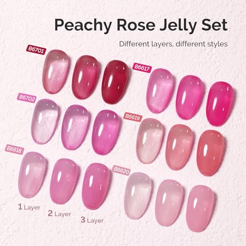 MelodySusie Jelly Gel Nail Polish Set 6PCS Milky or Jelly Texture 15ML - color: Peachy Rose Jelly Set 15ML