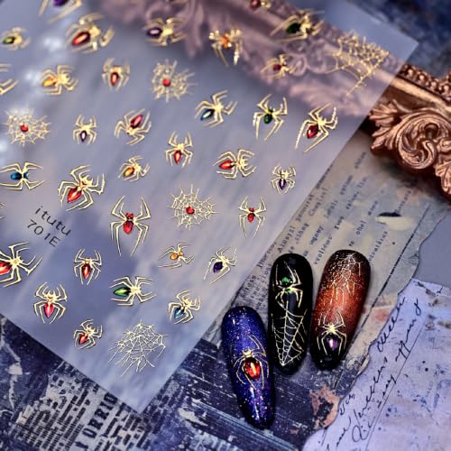 1 Sheet Halloween Nail Stickers 5D Embossed Self Adhesive Spider Web Nail Decals Spider Nail Art Stickers Colorful Gold Relief Spider Nail Designs Goth Halloween Holiday Manicure Supplies for Women - color: Halloween Golden Relief Spider