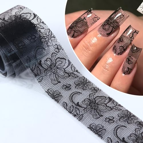 10 Rolls Lace Nail Art Foil Transfer Sticker Black Lace Flower Designs - color: Black Lace