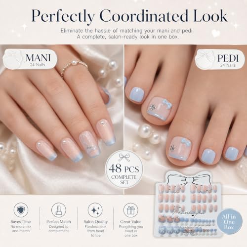 54pcs Light Blue French Tip Press on Nails and Toenails Set, 3D Ribbon Bows & Pearls Fake Nails, Shimmer Nude False Nails Square Shape, Cute Coquette Aesthetic DIY Manicure Kit for Women - color: Light Blue French