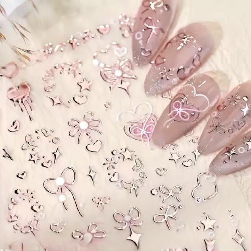 2 Sheets Valentine's Nail Art Stickers 5D Embossed Pink Bow Nail Stickers for Nail Art Romantic Heart Bow Nail Decals Pink Valentine's Designs Nail Supplies Nail Decoration for Women DIY Manicure - style: pink bow
