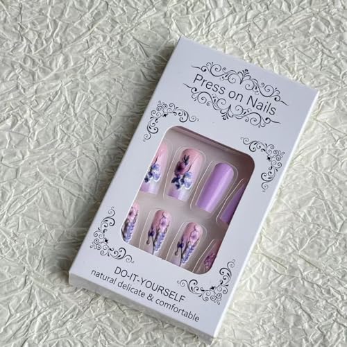 Flower Press on Nail Long Square Fake Nails with Purple Pink Gradient Stick on Nail designs Acrylic Press ones Glossy Full Cover 3D False Nails Reusable Glue on Nails for Women 24pcs - color: styles36