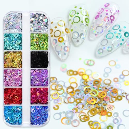1 Box 12 Color Holographic Hollow Circle Nail Glitter Red Purple Nail Sequins 3D Laser Silver Nail Flakes Sparkly Powder Flakes Shiny Nail Glitter Colorful Nail Sequins Glitter for Nails Art 12 Grids - color: Color 7
