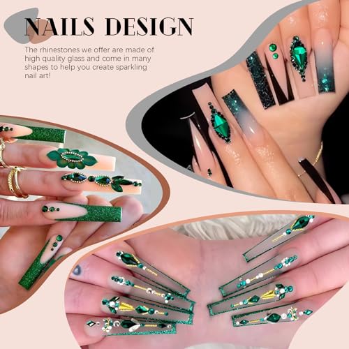 2060Pcs Emerald Green Glass Nail Rhinestones 60Pcs Multi Shapes Flatback Nail Gems + 2000Pcs 1.5-4mm Round Crystal with Rhinestones Glue Gel, Manicure Nail Charms Diamond Gemstone for Nail Art - color: 21 Emerald Green Crystal+ glue, size: 1 pack