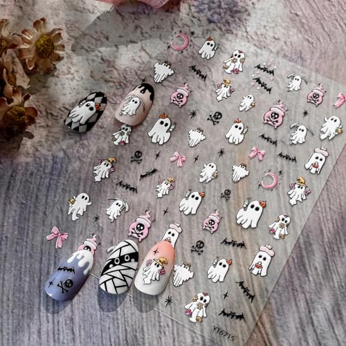 1 Sheet 5D Embossed Halloween Nail Stickers Cute Ghost Nail Decals with Mini Pumpkin Flower Bow Design Bat Nail Art Stickers Halloween Nail Decoration Horror Skull Nail Supplies for Women DIY Manicure - color: Halloween09