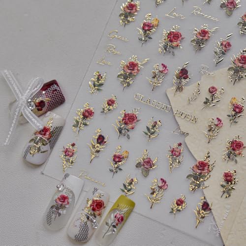 5D Embossed Nail Stickers, Premium Salon-Quality Self-Adhesive 3D Nail Art Decals, Refined Classic Designs for Easy DIY Manicure (Classic Rose) - color: Classic Rose