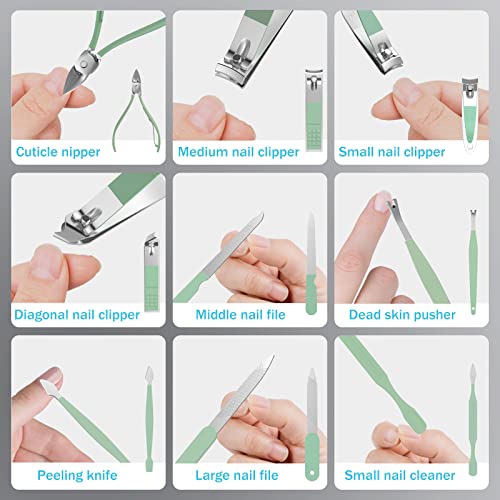 Tseoa Manicure Set Personal Care, Nail Clipper Kit, Professional Nail Clipper Pedicure Set, Nail Tools with Luxurious Travel Case, Gifts for Men Women Family Friend, 31 Pieces (Green) - color: Green 31pcs