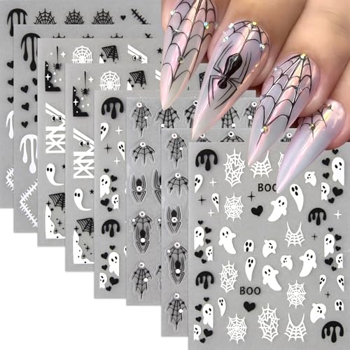 8 Sheets Spider Nail Art Stickers Halloween Ghost Nail Decals 3D Self-Adhesive Black White Heart Spider Web and Rhinestones Spiders Nail Design Acrylic Nails Decoration for Women Holiday Nail Charm - style: diamond ghost