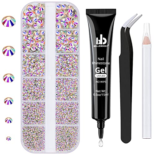 Nail Art Rhinestone Glue Gel&Flatback Gems Accessories Kit, 1 Tube of 15ml Rhinestone Gel Glue(UV/LED Needed)+1 Box of Flat-Back Round Glass Crystal AB Gemstones with Pickup Pencil and Tweezer - color: 02 AB, size: 1 pack