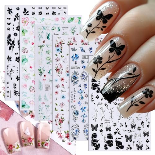 6 Pcs Flower Nail Stickers 3D Self-Adhesive Black Butterfly Nail Art Decals with Strawberry Floral Leaves Design Stickers Spring Summer Decals for Women - color: Floral