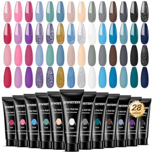 JEWHITENY 28 Colors Poly Nail Gel Set - 15ml Nude Pink Brown Black Grey Blue Yellow Tones for French Manicure DIY Nail Art Salon & Home Use Holiday Gift - color: F01
