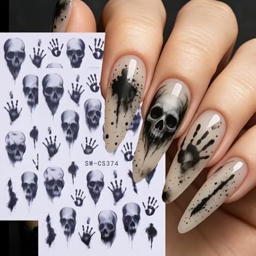 Halloween Bone Nail Art Sticker Skull Handprint Nail Decal 6Pcs/Pack Gothic Dark Horror Nail Art Decals 3D Self-Adhesive Spooky Bones Nail Supplies Accessories for Halloween DIY Manicure Decoration - color: Skull