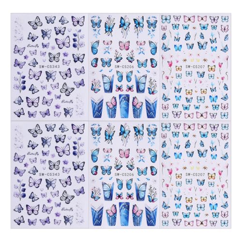 Butterfly Nail Art Stickers, Butterfly Nail Decals 3D Self Adhesive with Blue Purple Pink Yellow Butterflies Flower Design 6Pcs Spring Nail Art Supplies for Women Girls Spring Summer Nail Decoration - style: style2