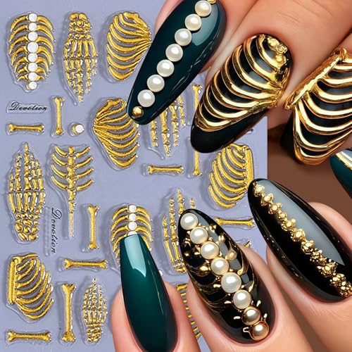 3 Sheets 5D Embossed Skull Nail Stickers for Nail Art Skeleton Nail Decals White Hand Bones Finger Skeleton Halloween Nail Art Supplies Gothic Nail Sticker for Women Halloween Nails Tips Decoration - style: skull