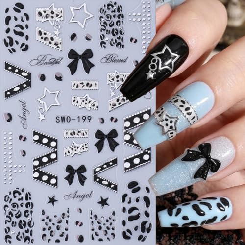 Halloween Gothic Nail Stickers Hollow Star Self-Adhesive Nail Decals 5D Embossed French Tip Nail Art Stickers Y2K Pink Bow Nail Design Stickers Leopard Print Goth Nail Decorations for Women DIY 2Pcs - style: Halloween-5