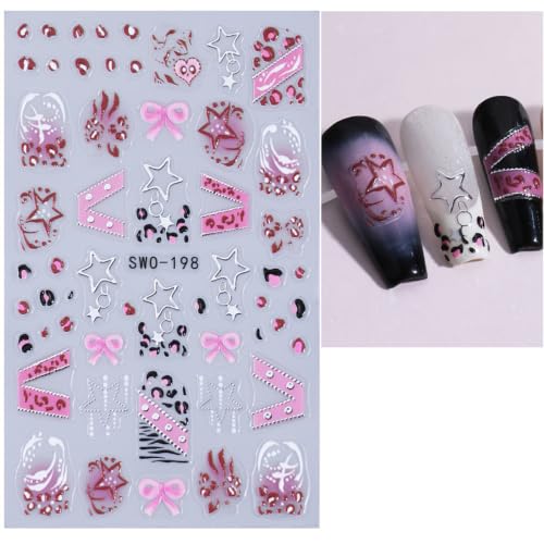 Halloween Gothic Nail Stickers Hollow Star Self-Adhesive Nail Decals 5D Embossed French Tip Nail Art Stickers Y2K Pink Bow Nail Design Stickers Leopard Print Goth Nail Decorations for Women DIY 2Pcs - style: Halloween-5